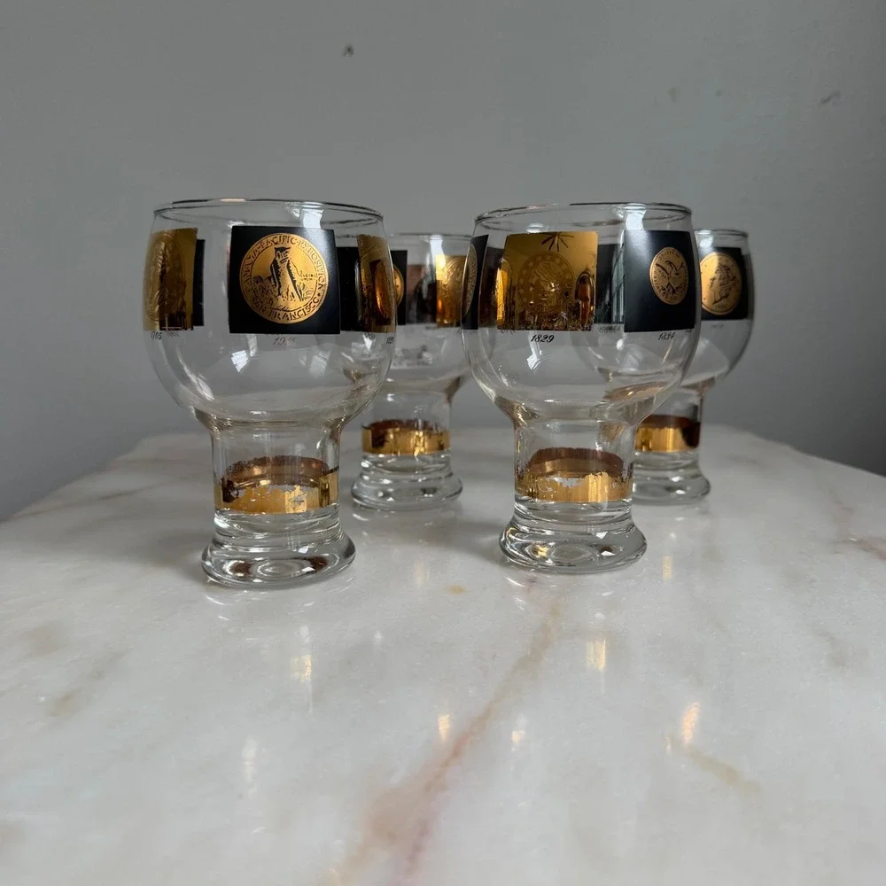 Vintage Federal Glass Coin Medallion Gold Black Footed Glasses Set of 4 MCM